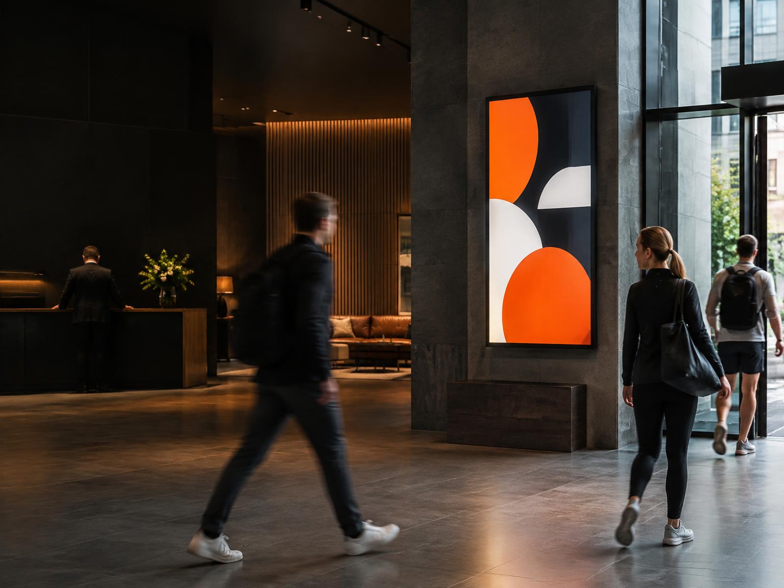 People passing a portrait SEEN screen in a premium venue